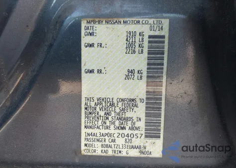 2014 Nissan Altima 2.5 Sv z USA, uszkodzony, nr VIN 1N4AL3AP0EC204057